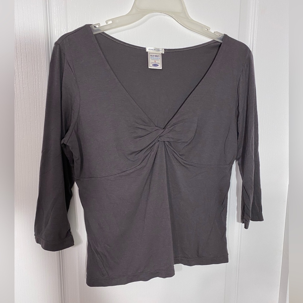 Y2K Old Navy Twist Front Perfect Fit 3/4 Sleeve Knit Top Vintage Gray Large